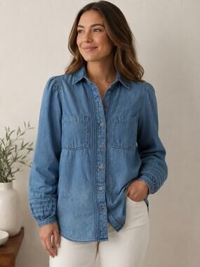 NEW American Eagle AEO Denim Chambray Button Puff Sleeve Pintuck Shirt Small